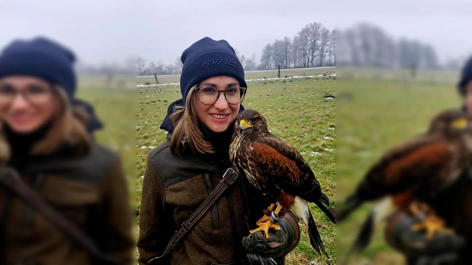 Falknerin Lisa Kustura – hier mit Wüstenbussard Enzo – ist hauptberuflich im Echinger Gemeindekindergarten tätig. Die Greifvögel irritieren die Saatkrähen, sodass sie ihre Nester anderswo bauen.  (Foto: Falcons World)