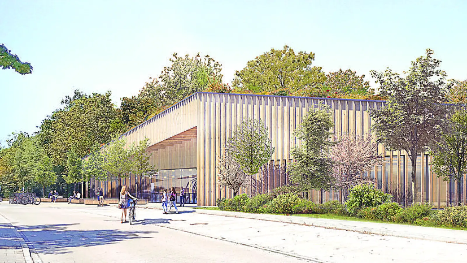 Der Bau an der Dreifachturn- und Schwimmhalle ist zwar im Zeitplan, doch haben sich die Kosten schon deutlich um drei Millionen Euro erhöht. Grund: hohe Materialpreise. (Foto: Grafik: Gemeinde Gräfelfing)