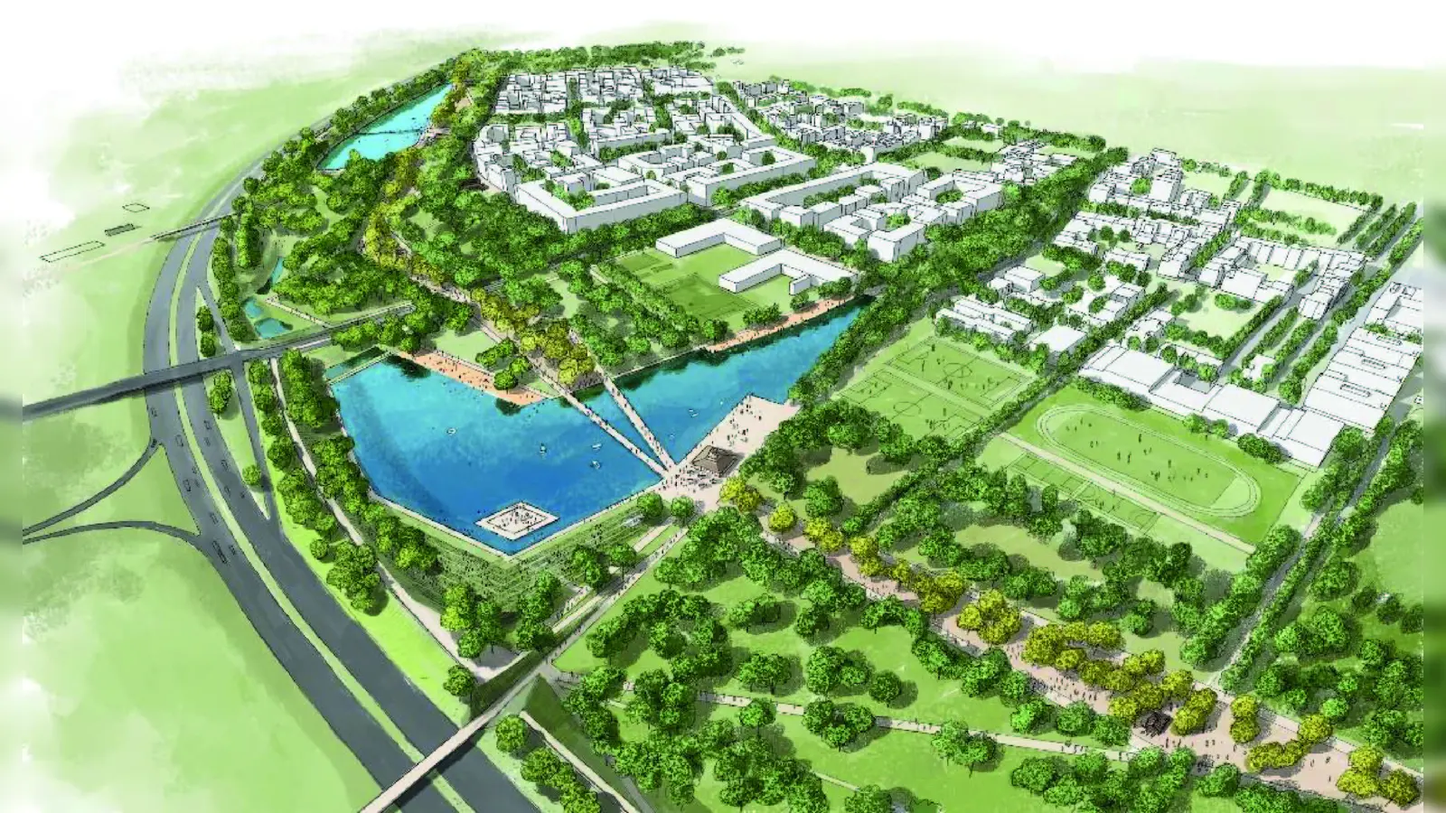 Der Landschaftspark Freiham mit den geplanten Badeseen. (Foto: LHM/Planungsreferat)