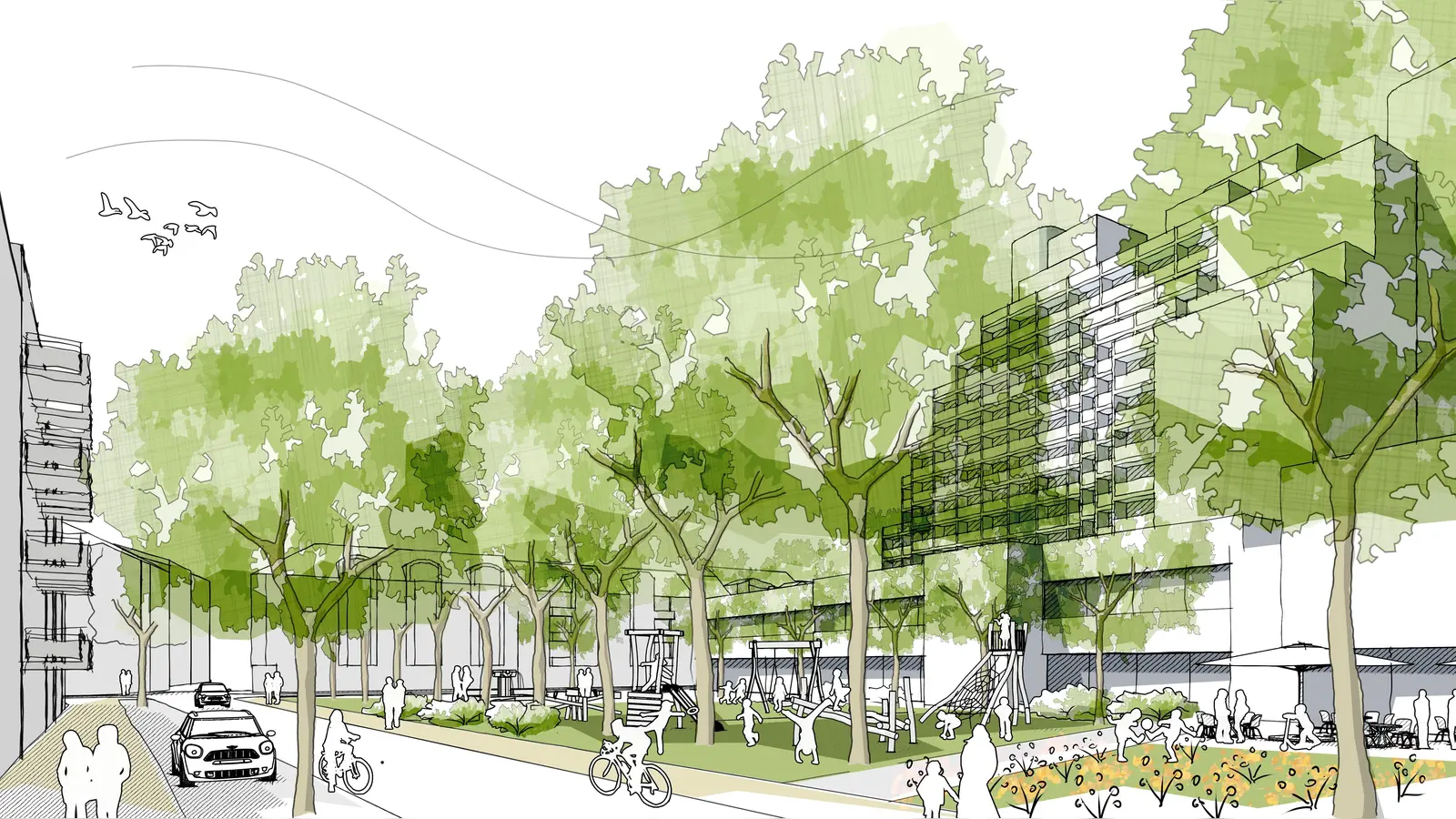 Eine erste Skizze zeigt, wie die Schießstättstraße im „Nachbarschaftsviertel“ aussehen könnte. (Foto: LHM / Fischer Heumann Landschaftsarchitekten)