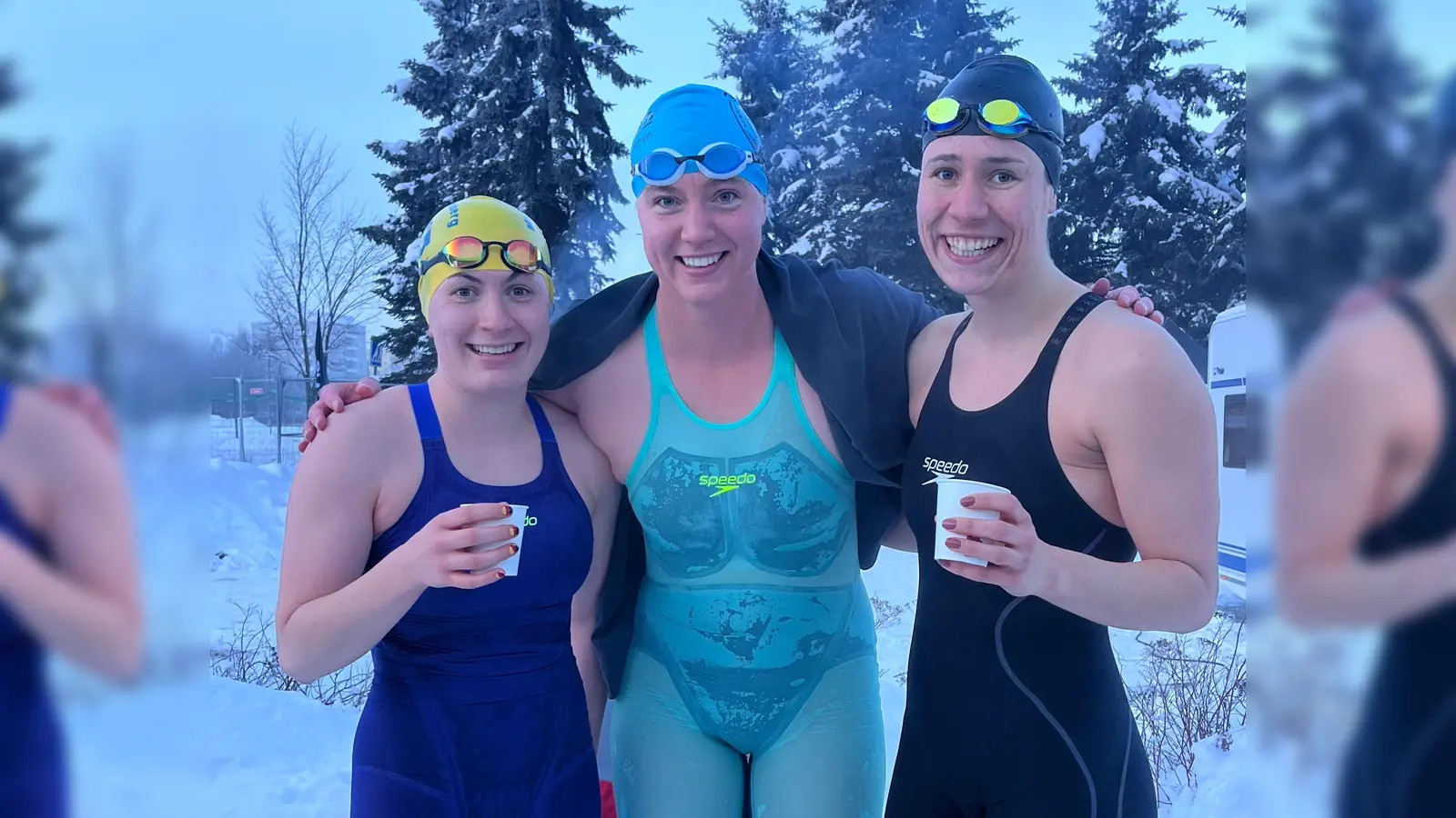 Mareike Förster (Mitte) holte sich Weltmeistertitel und schwamm außerdem Weltrekord. Beim Eisschwimmen waren zudem Christina Gockeln (l.) und Sonja Opitz dabei (alle Altersklasse 40). (Foto: Luisa Lang)
