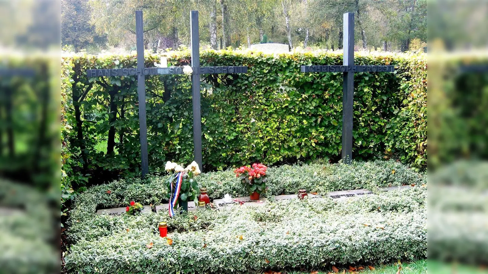 Die Gräber von Hans und Sophie Scholl sowie Christoph Probst im Perlacher Forst. (Foto: Rufus46, CC BY-SA 3.0)