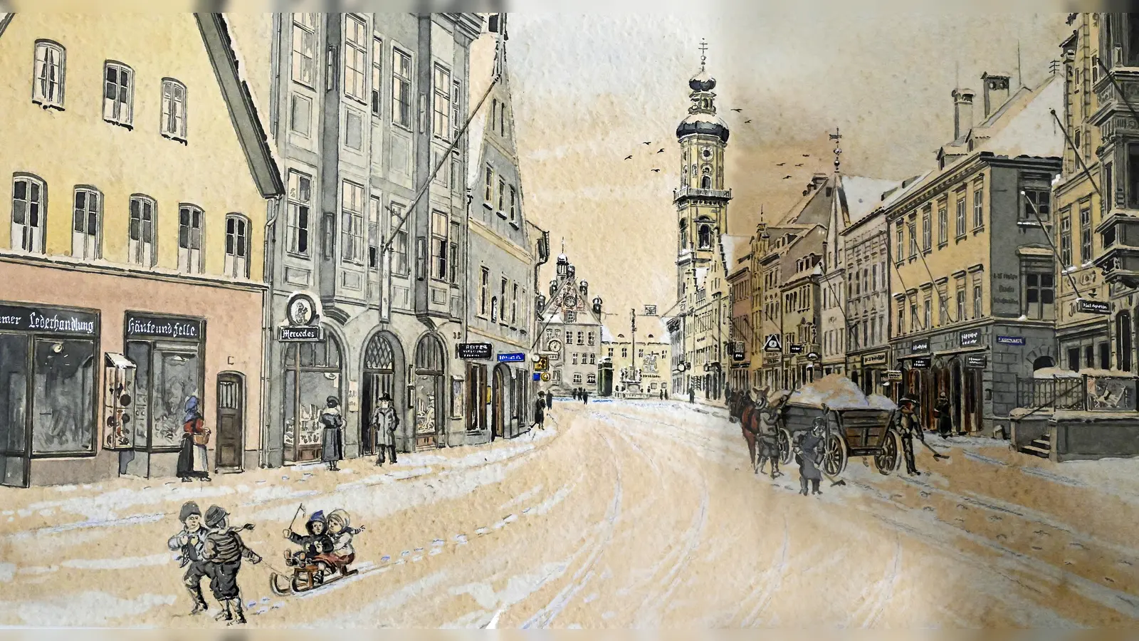 Stillleben von 1940: Die Freisinger Hauptstraße wird von Schnee befreit, während Kinder sich noch mit ihrem Schlitten vergnügen. (Foto: R. Lex)