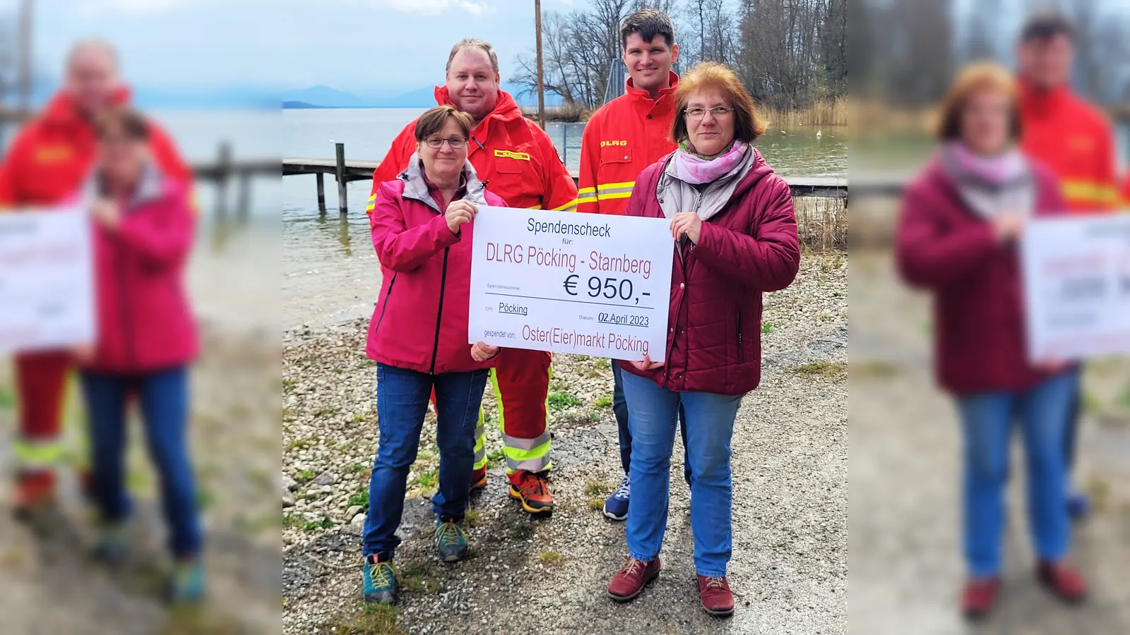 Spendenübergabe: Claudia Weigel (l.) und Beatrice Riedel vom „Pöckinger Oster(Eier)markt” mit Walter Kohlenz (l. hinten), Vorsitzender der DLRG Pöcking-Starnberg, und Alexander Rusche, stellv. Technischer Leiter der DLRG Pöcking-Starnberg<br> (Foto: DLRG Pöcking-Starnberg)