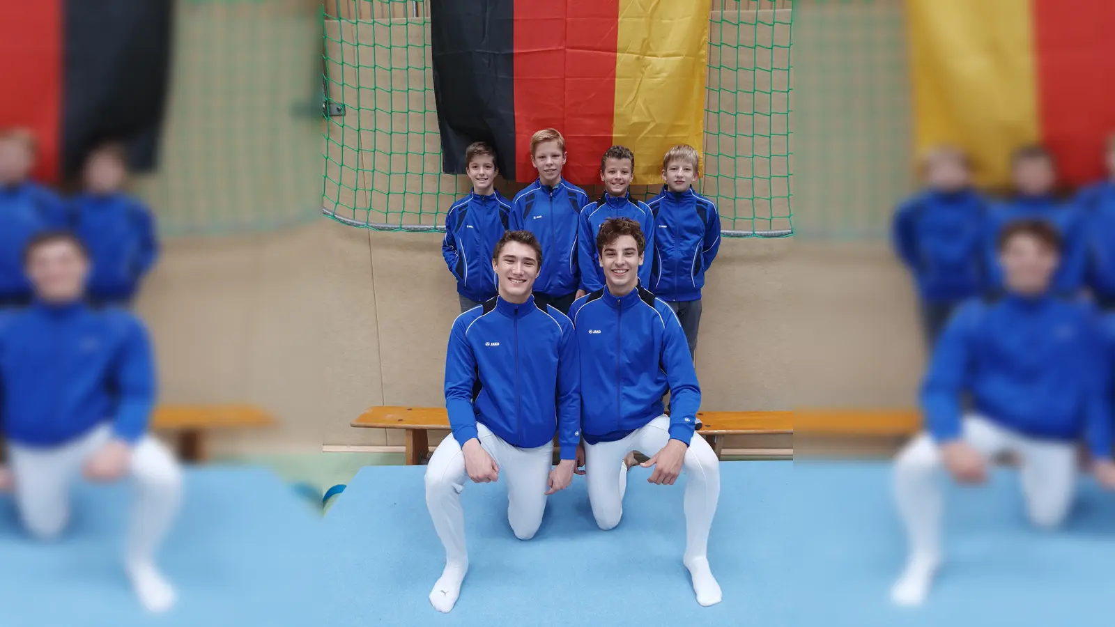 Die Turner des TSV Unterföhring starten bei den Deutschen turnerischen Mehrkampfmeisterschaften in Eutin. Hinten von links Jakob Schnitzer, Tobias Hohenberger, Jonas Renner und Michael Schütz, vorne Stefan Wiedemann (links) und Tim Schneider. (Foto: Verein)