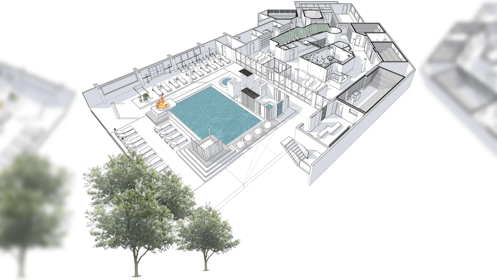 Ende des Jahres soll der neu gestaltete Außenbereich rund um das Schwimmbecken in der Saunawelt so aussehen.  (Foto: Sportpark Ottobrunn GmbH)