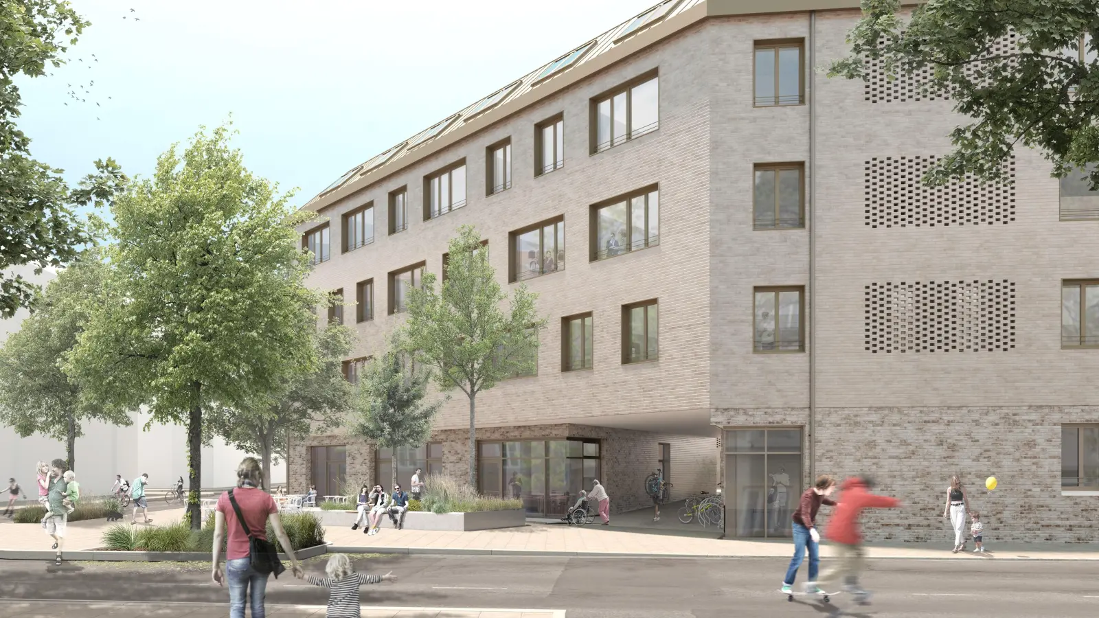 So soll das neue Haus für Kinder und Jugendliche an der Westendstraße 66 a aussehen. Der „Köskgarten“ wird zwar weichen, dafür soll der neue Innenhof öffentlich zugänglich werden.  (Quelle: Krug Grossmann Architekten)