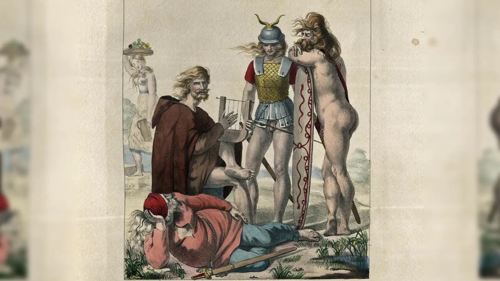 “Avant Cèsar”: Die Gallier zur Zeit “vor Cäsar” stellte Charles Auguste Herbé recht leicht bekleidet dar. Die Abbildung stammt aus „Costumes Français – Civils, Militaires et Religieux“, dem einemillionsten Buch in der Bibliothek des Deutschen Museums.  (Foto: Costumes Français – Civils, Militaires et Religieux, Bibliothek des Deutschen Museums)