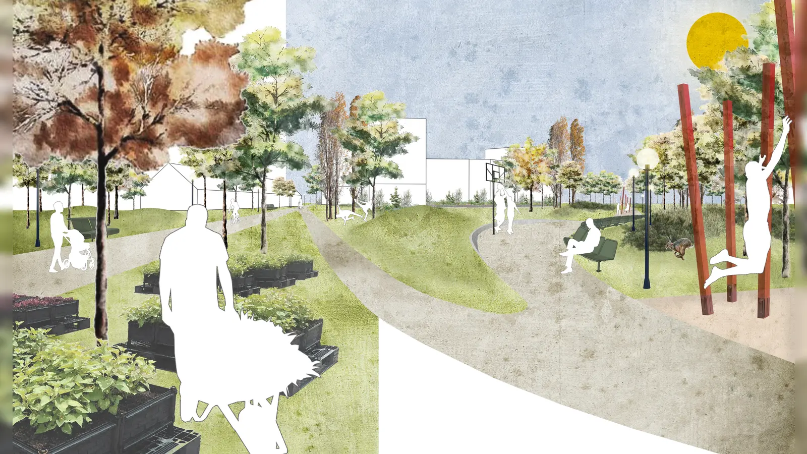 Am Südlichen Oberwiesenfeld entsteht im Zuge des Bauvorhabens ein öffentlicher Park, geplant vom Landschaftsarchitekturbüro Studio Vulkan. (Bild: Studio Vulkan)